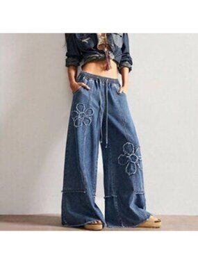 Dark Wash Women's Plus Size Casual Floral Print Drawstring Waist Wide Leg Pants